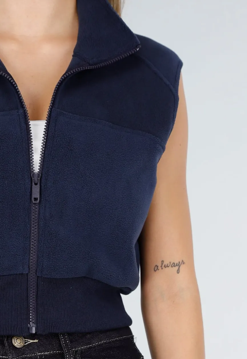 Mouwloos Vest in Donkerblauw met Hoge Kraag