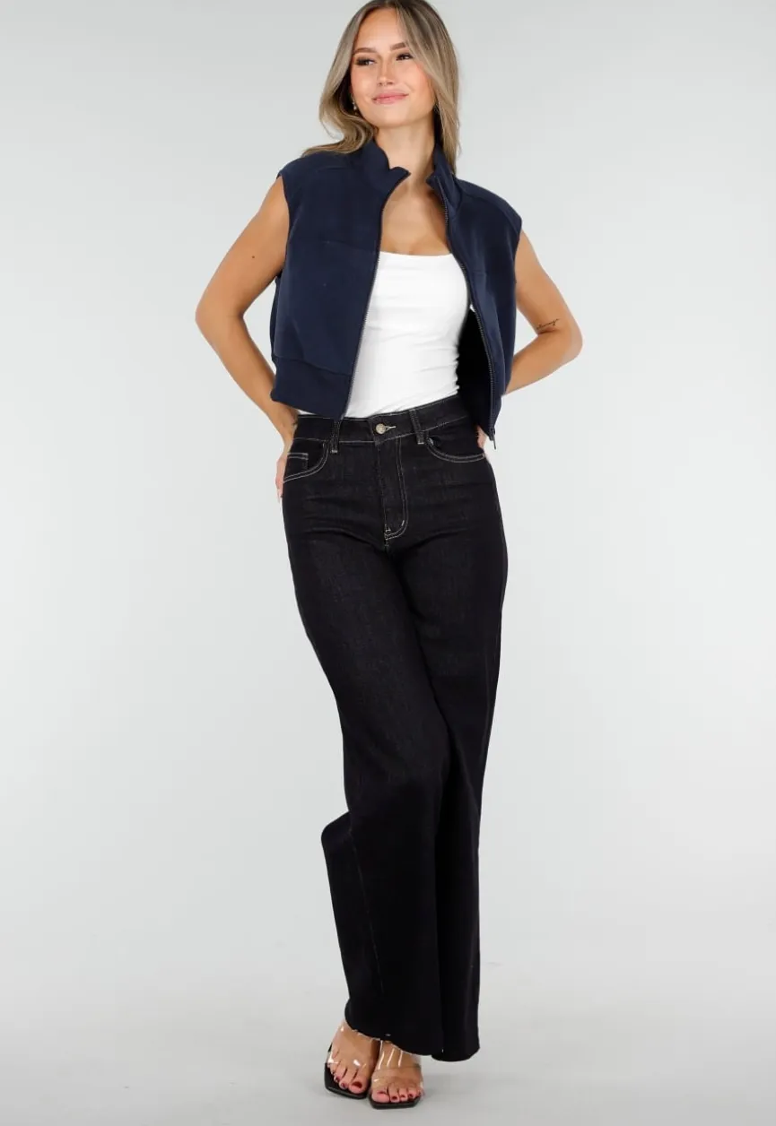 Mouwloos Vest in Donkerblauw met Hoge Kraag