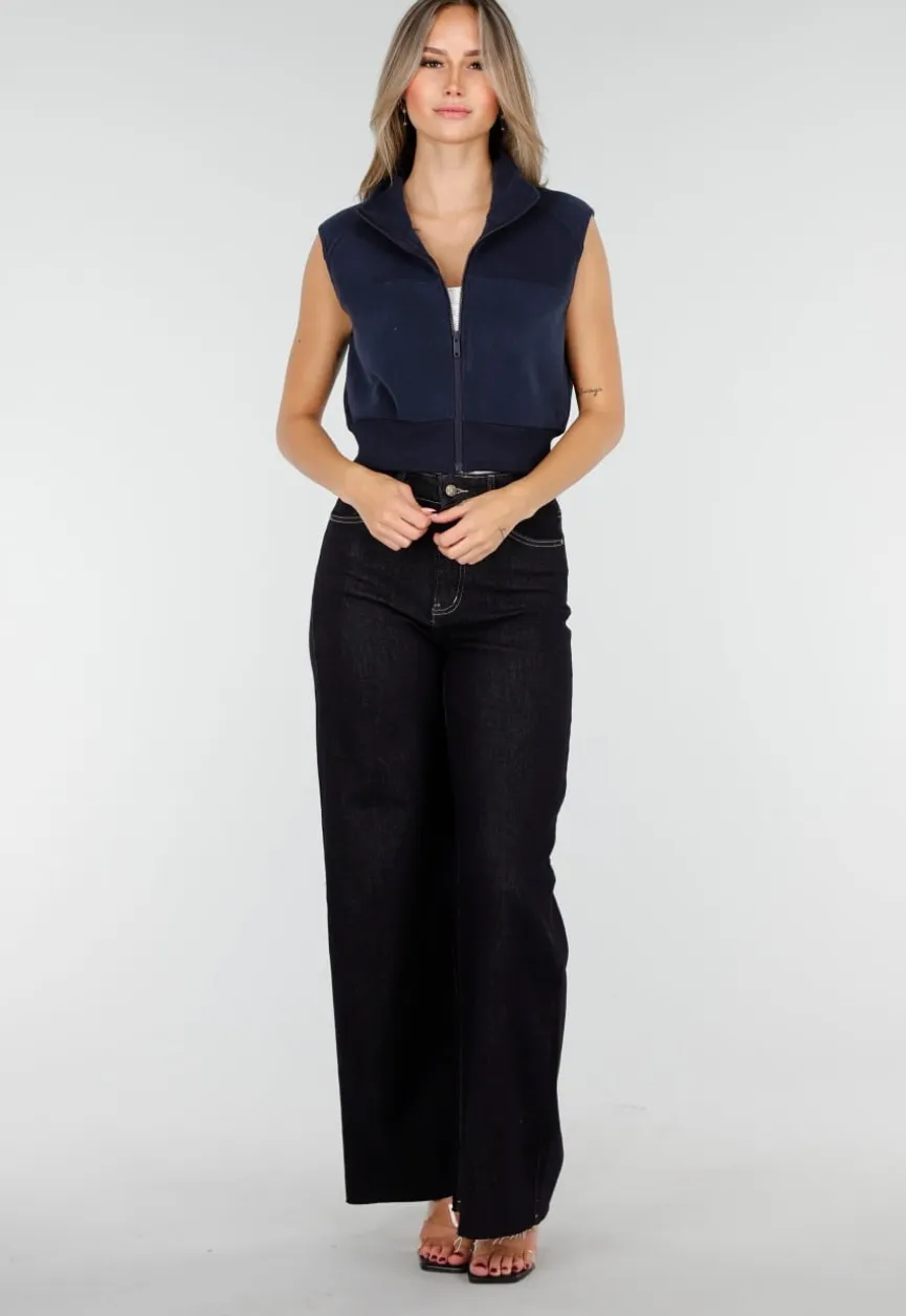 Mouwloos Vest in Donkerblauw met Hoge Kraag