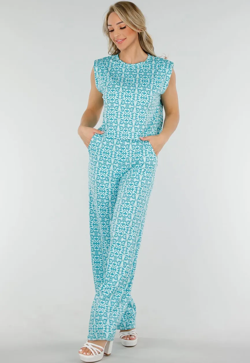 Mouwloze Azuurblauwe Stretch Loose Fit Top met Barokprint en Schoudervulling