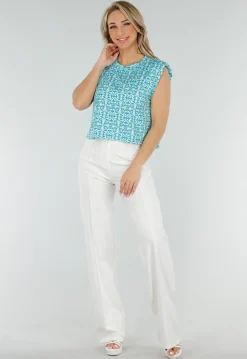 Mouwloze Azuurblauwe Stretch Loose Fit Top met Barokprint en Schoudervulling