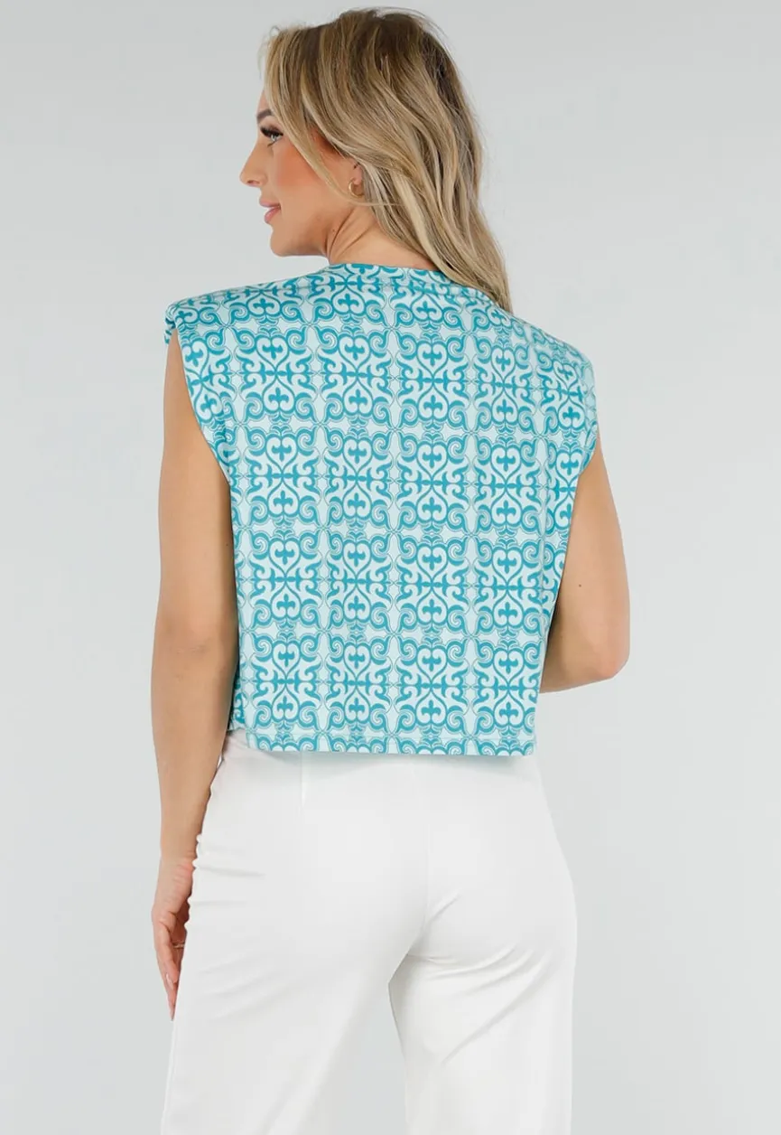 Mouwloze Azuurblauwe Stretch Loose Fit Top met Barokprint en Schoudervulling