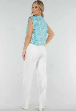 Mouwloze Azuurblauwe Stretch Loose Fit Top met Barokprint en Schoudervulling