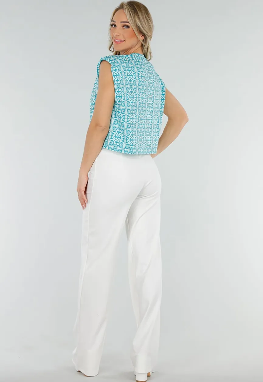 Mouwloze Azuurblauwe Stretch Loose Fit Top met Barokprint en Schoudervulling
