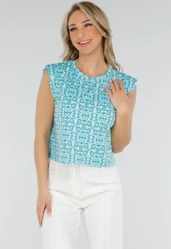 Mouwloze Azuurblauwe Stretch Loose Fit Top met Barokprint en Schoudervulling