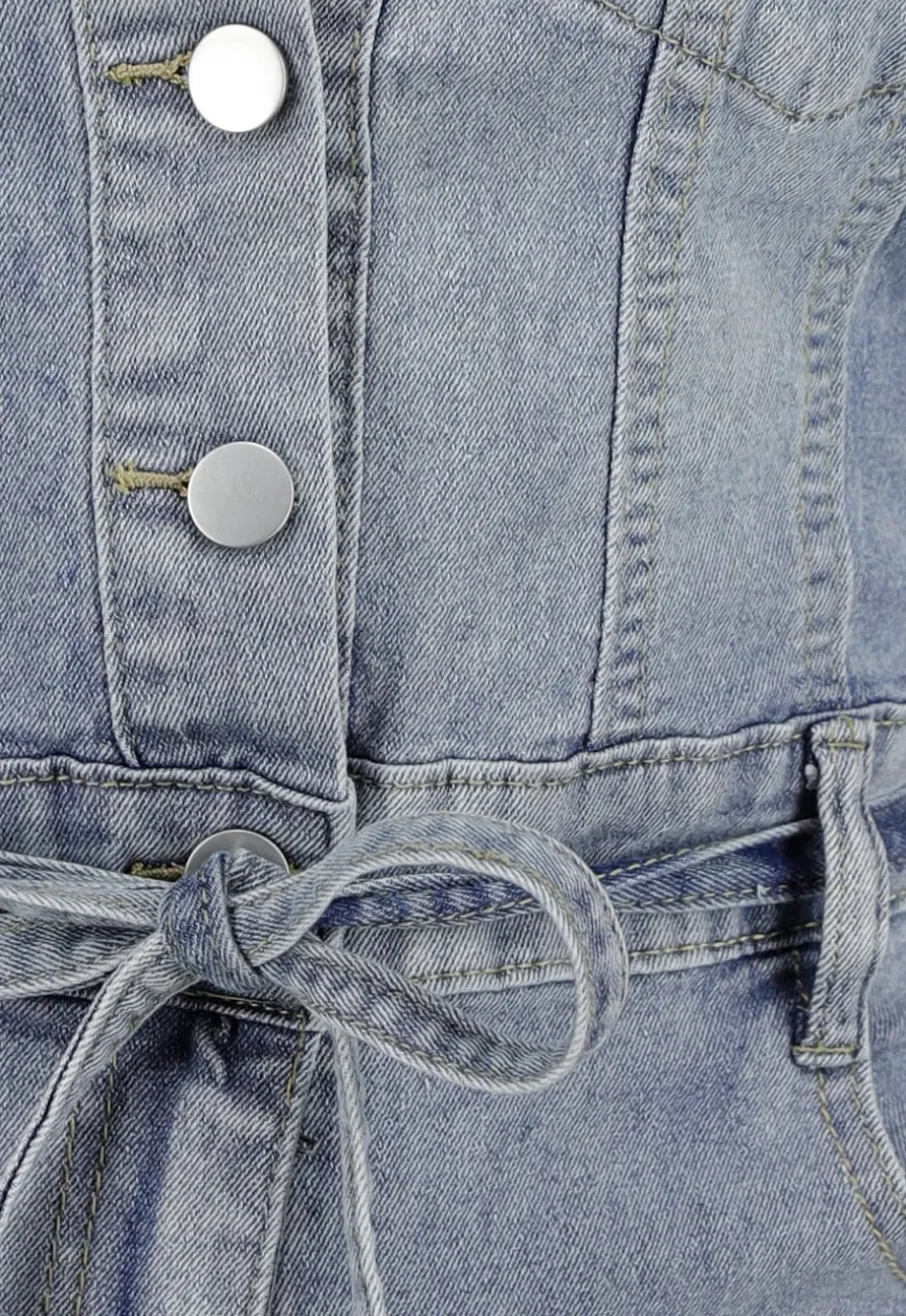 Mouwloze Blauwe Denim Stretch Playsuit met Ceintuur