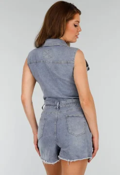 Mouwloze Blauwe Denim Stretch Playsuit met Ceintuur