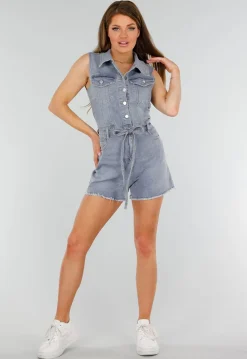 Mouwloze Blauwe Denim Stretch Playsuit met Ceintuur