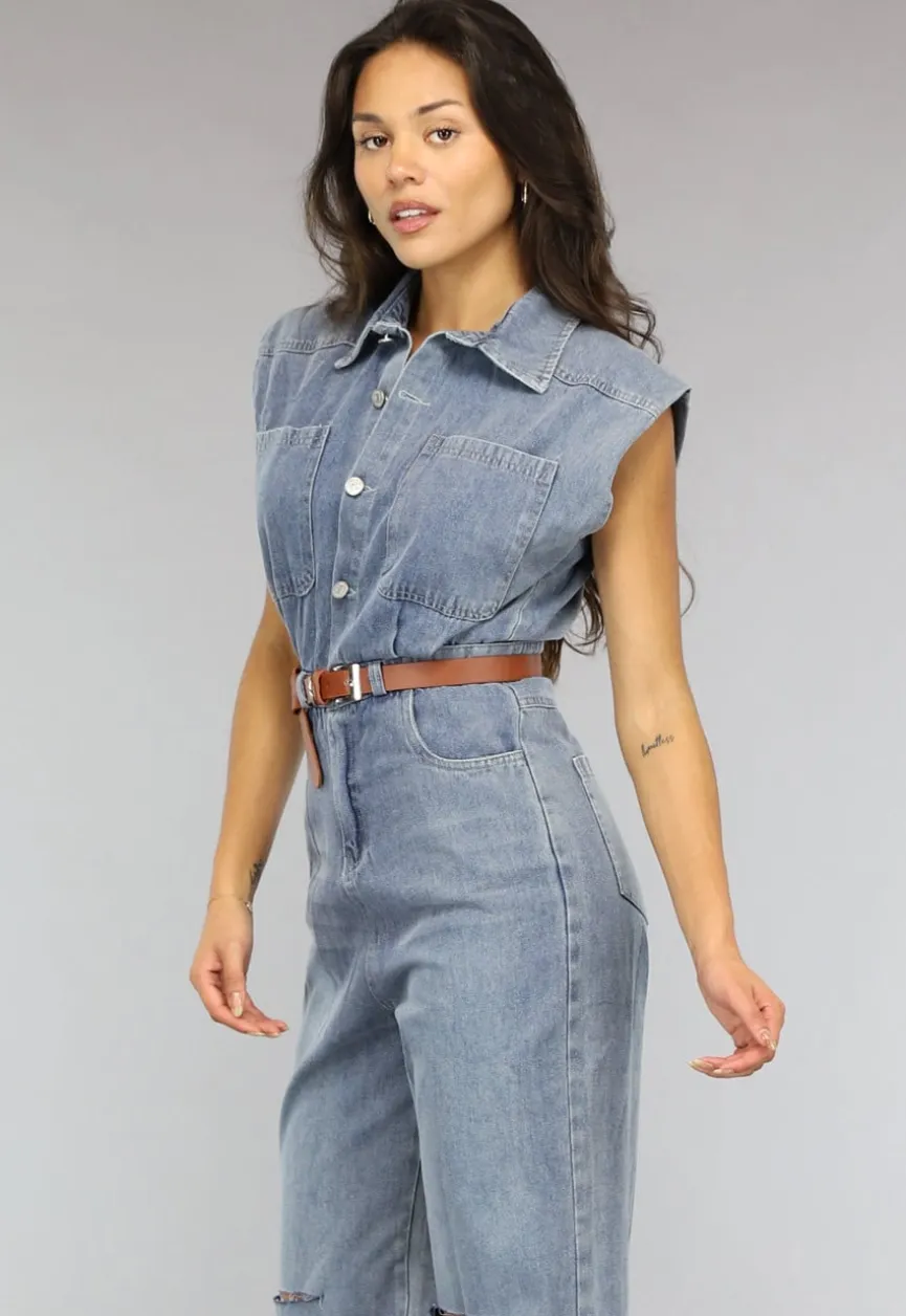 Mouwloze Denim Jumpsuit met Riem