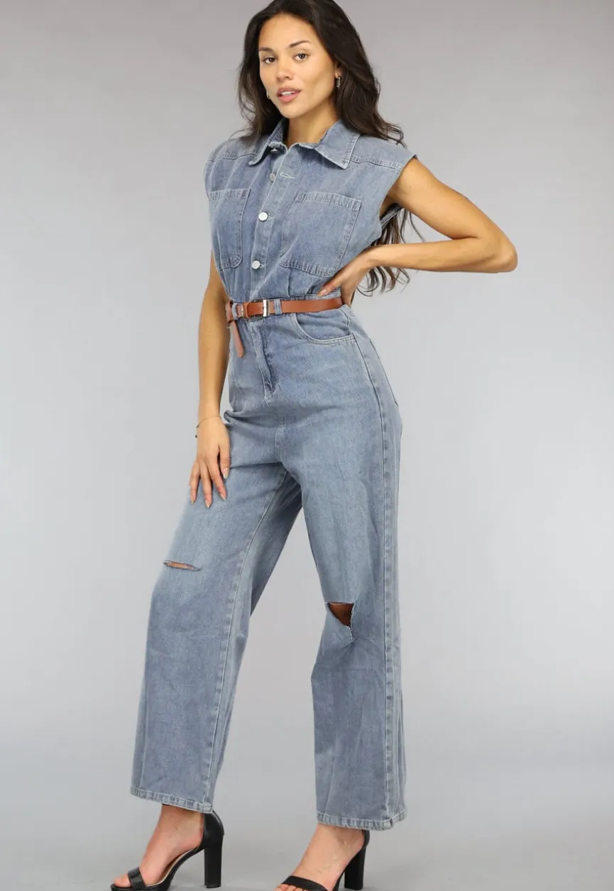 Mouwloze Denim Jumpsuit met Riem