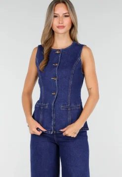 Mouwloze Denim Top in Blauw Met Knoopsluiting