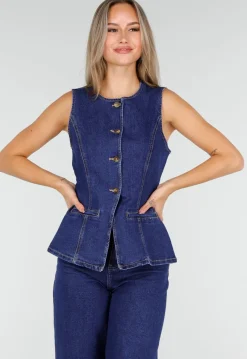 Mouwloze Denim Top in Blauw Met Knoopsluiting