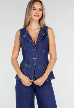 Mouwloze Denim Top in Blauw Met Knoopsluiting