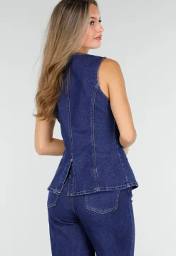 Mouwloze Denim Top in Blauw Met Knoopsluiting