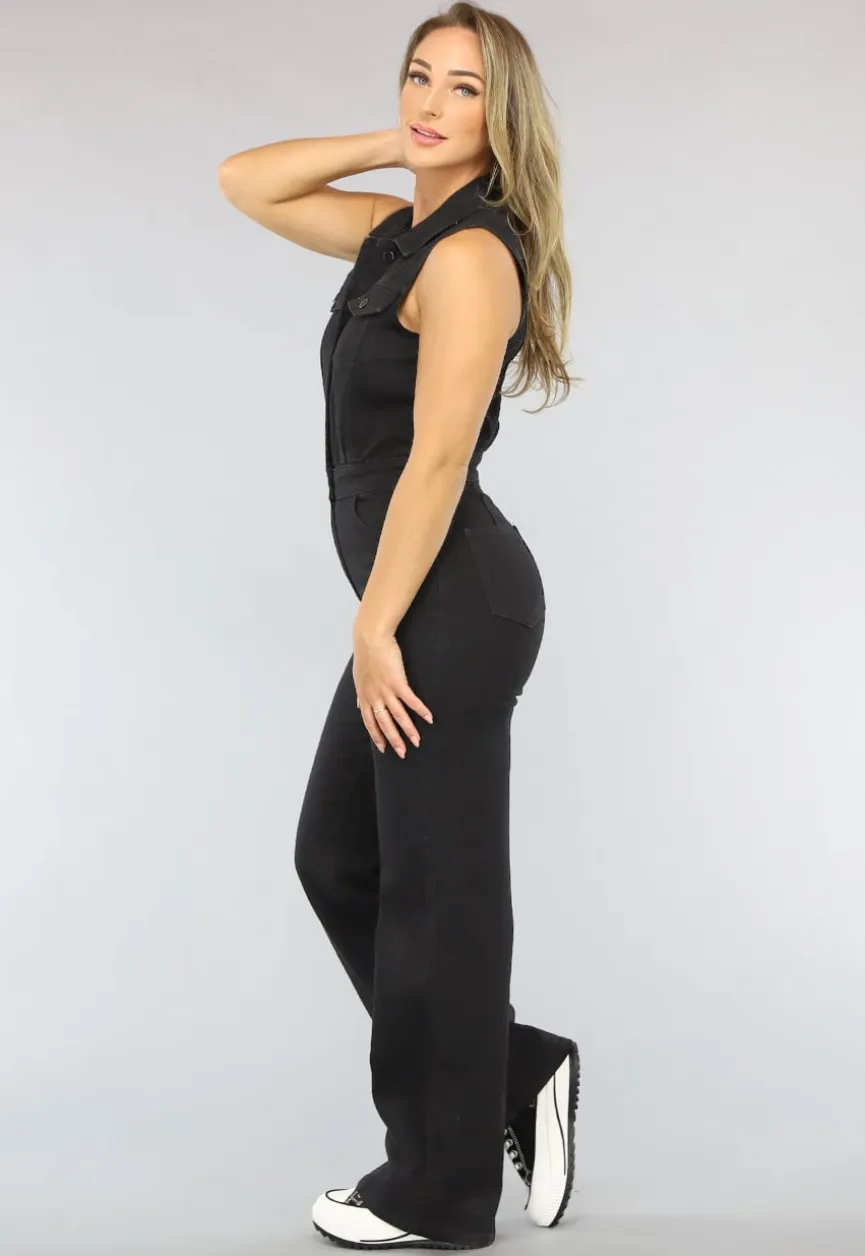 Mouwloze Zwarte Spijkerstof Jumpsuit