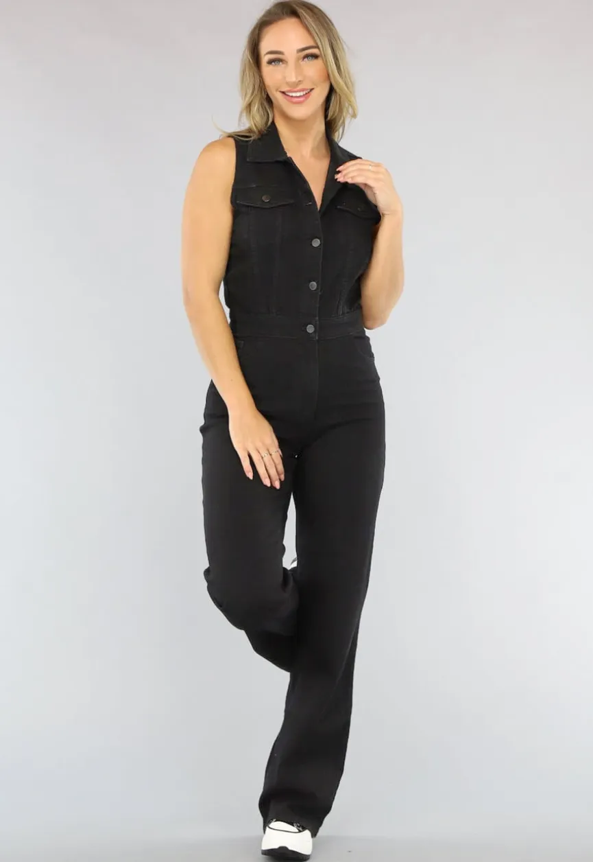 Mouwloze Zwarte Spijkerstof Jumpsuit