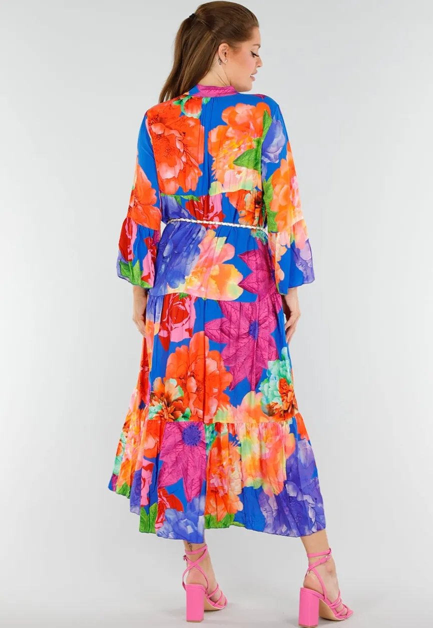 Multicolor Maxi Jurk met Knoopsluiting en Grote Bloemenprint
