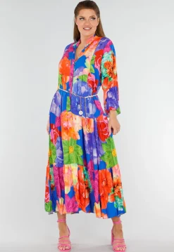 Multicolor Maxi Jurk met Knoopsluiting en Grote Bloemenprint