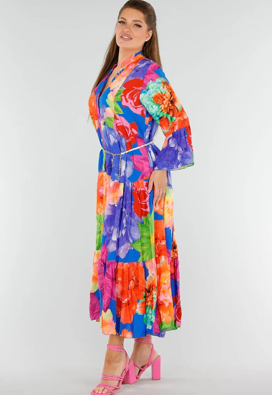 Multicolor Maxi Jurk met Knoopsluiting en Grote Bloemenprint