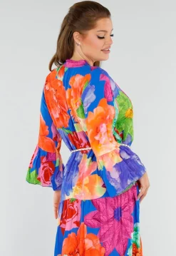 Multicolor Maxi Jurk met Knoopsluiting en Grote Bloemenprint
