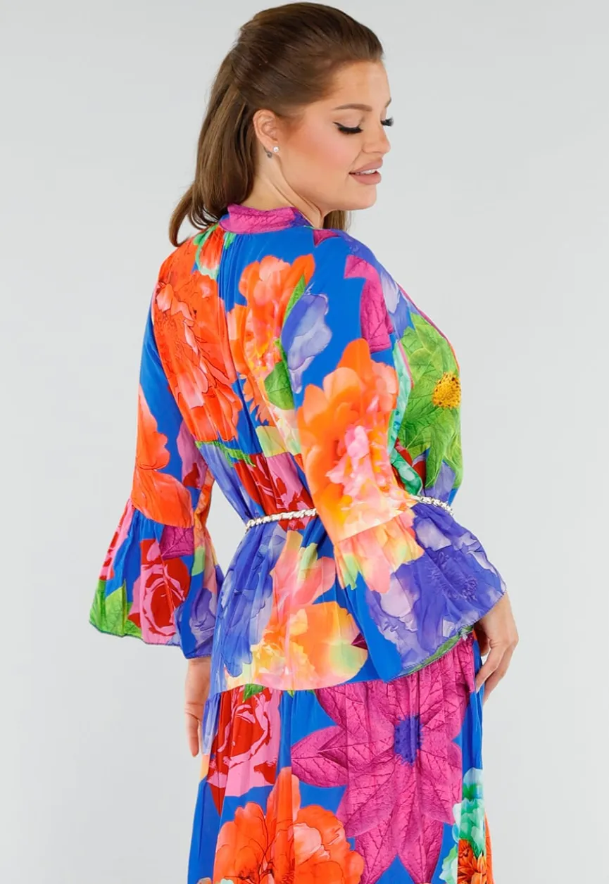 Multicolor Maxi Jurk met Knoopsluiting en Grote Bloemenprint
