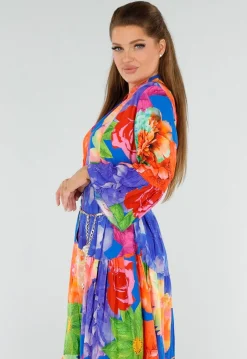 Multicolor Maxi Jurk met Knoopsluiting en Grote Bloemenprint