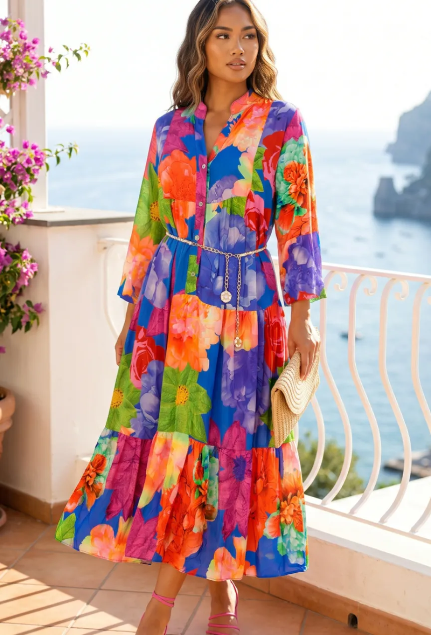 Multicolor Maxi Jurk met Knoopsluiting en Grote Bloemenprint