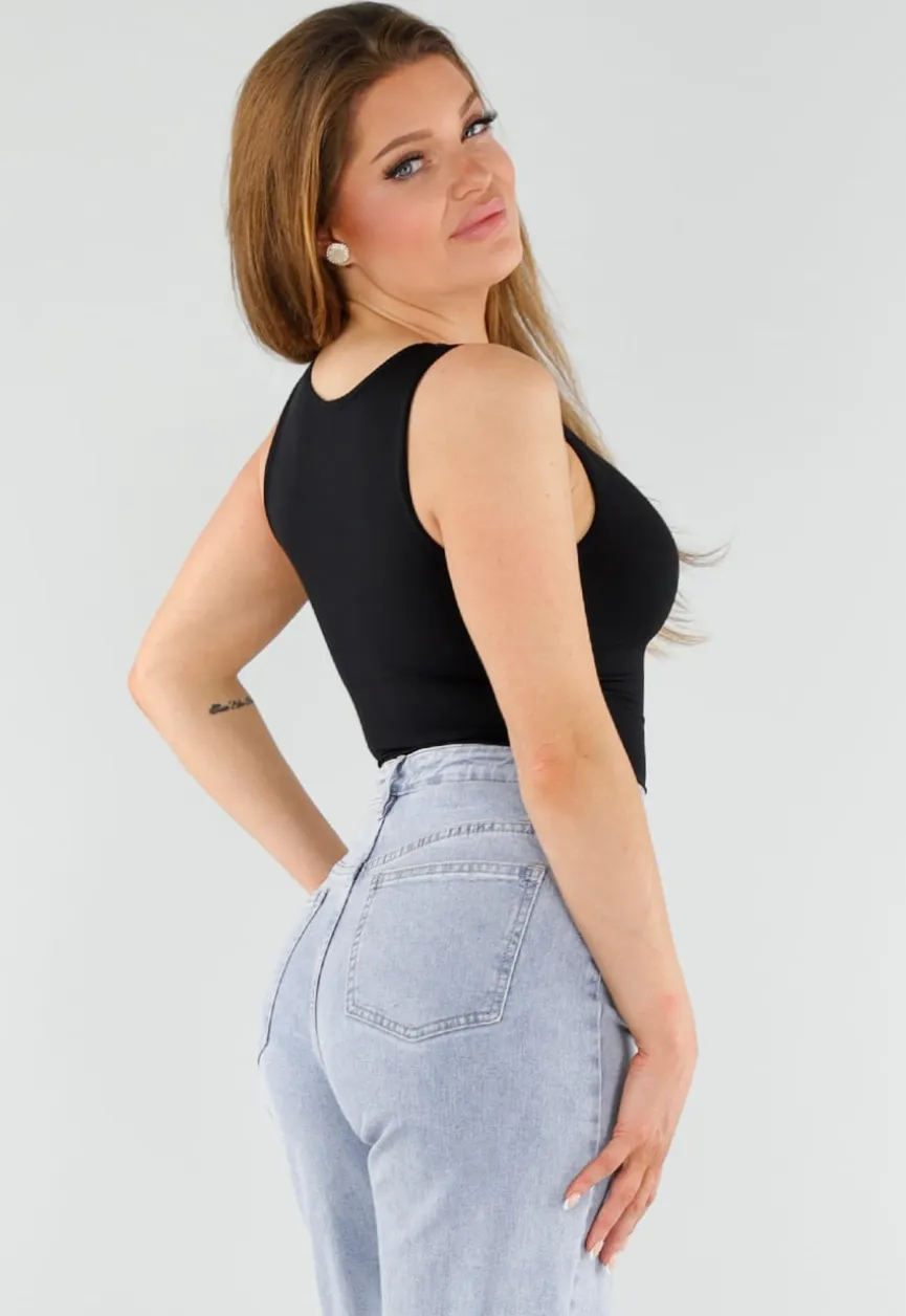 Naadloze Shaping Top in Zwart met Hoge Halslijn