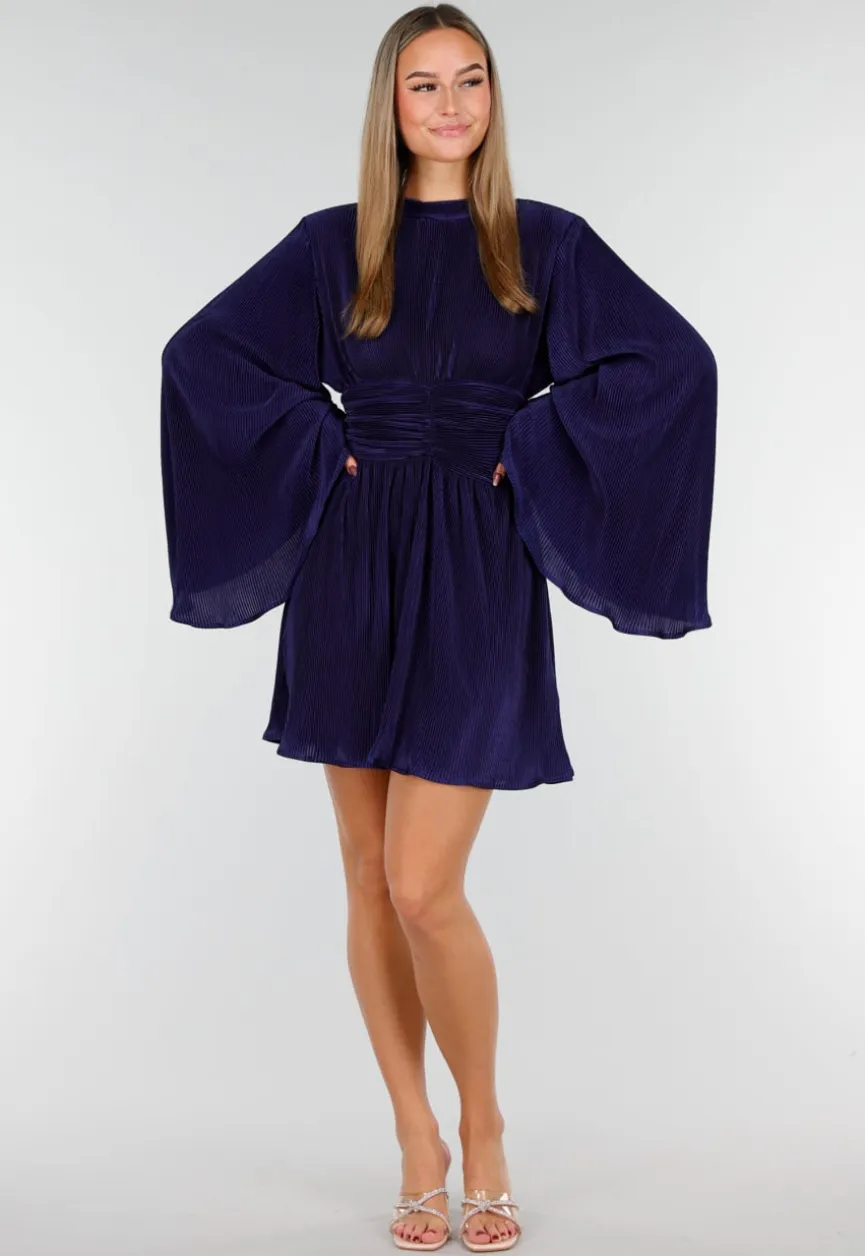 Navy Blauwe Jurk met Plissé en Ruche Taille
