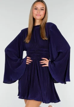 Navy Blauwe Jurk met Plissé en Ruche Taille