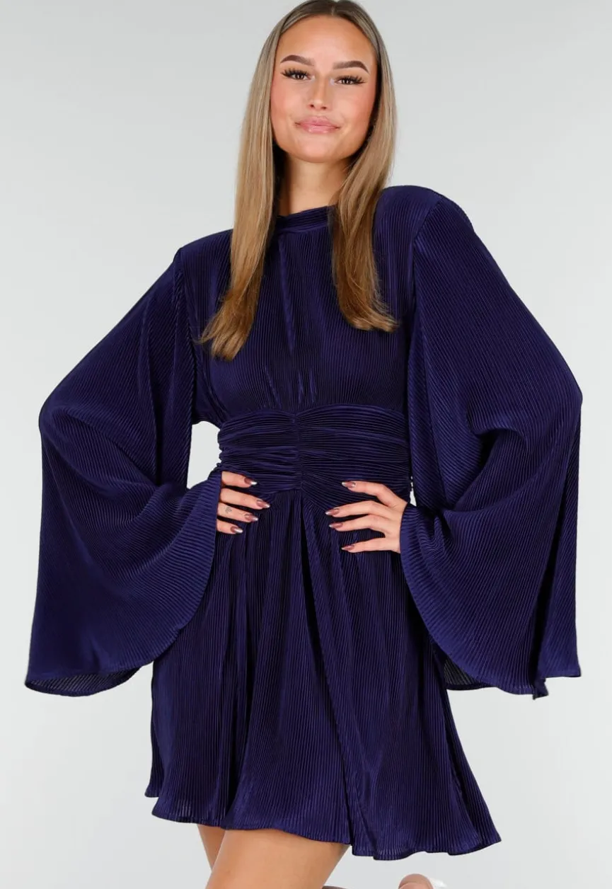 Navy Blauwe Jurk met Plissé en Ruche Taille