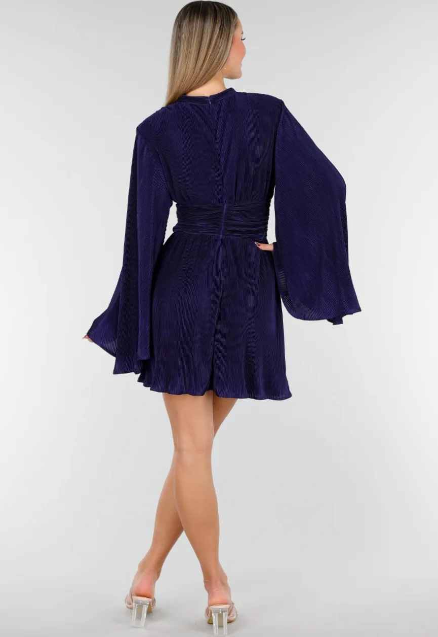 Navy Blauwe Jurk met Plissé en Ruche Taille