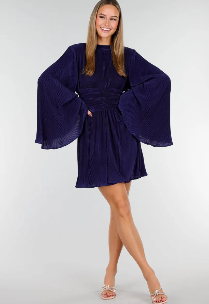 Navy Blauwe Jurk met Plissé en Ruche Taille