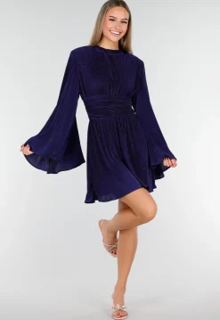 Navy Blauwe Jurk met Plissé en Ruche Taille