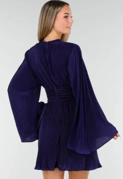 Navy Blauwe Jurk met Plissé en Ruche Taille