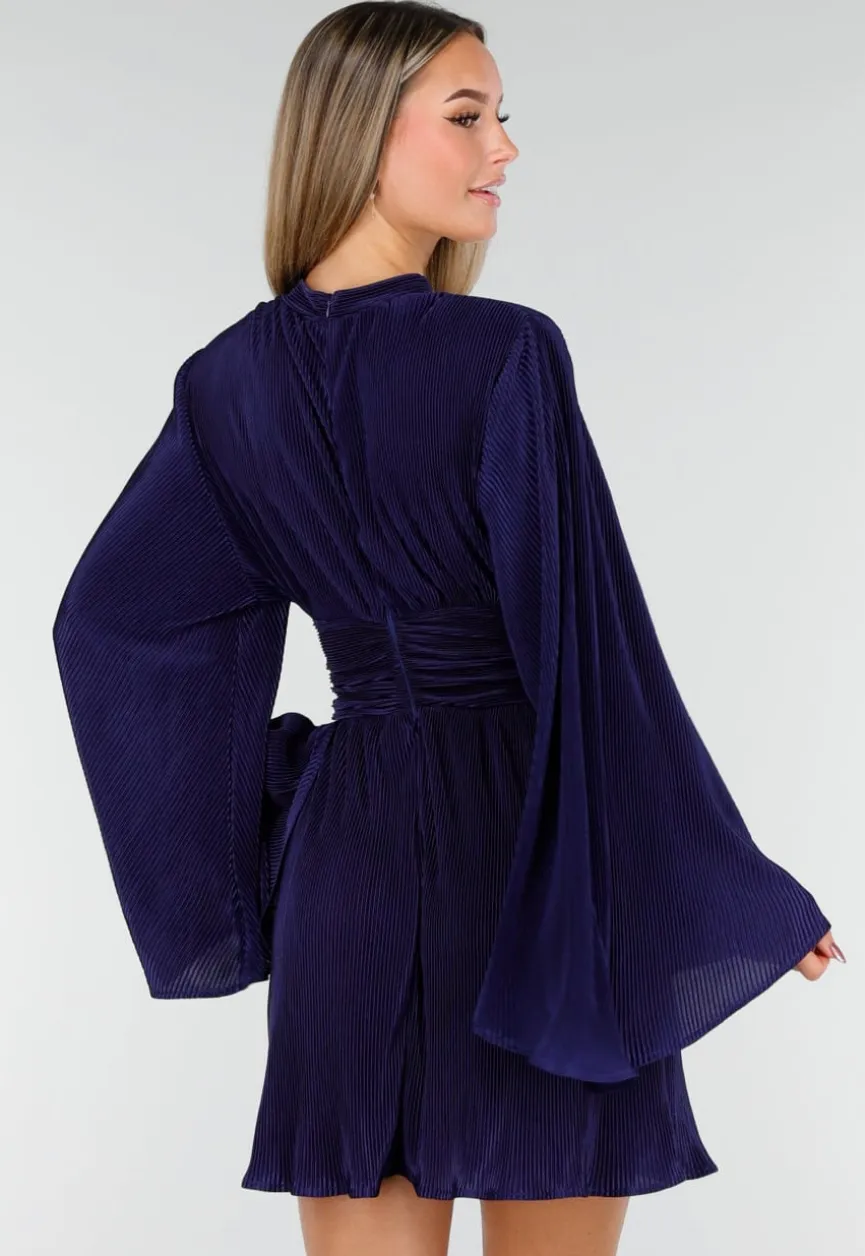 Navy Blauwe Jurk met Plissé en Ruche Taille