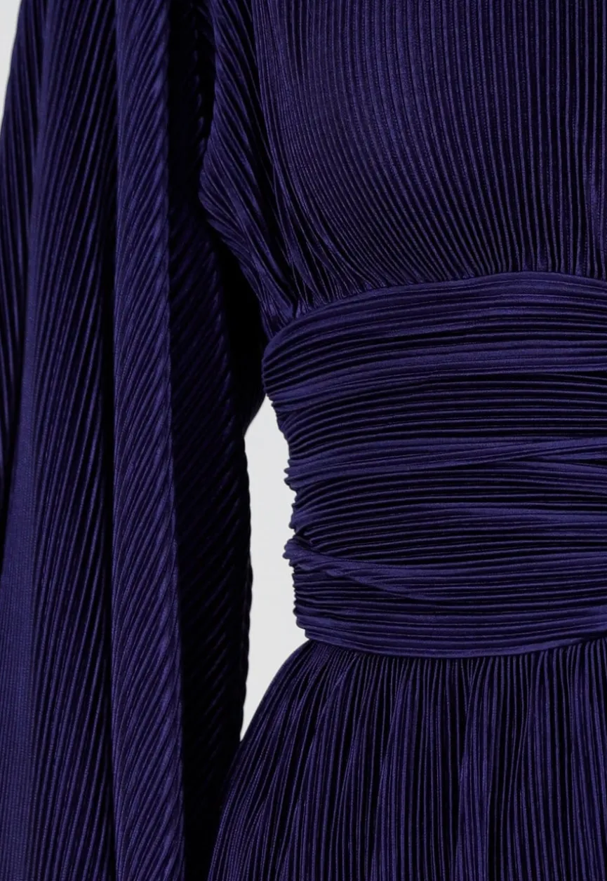 Navy Blauwe Jurk met Plissé en Ruche Taille