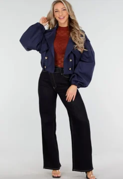 Navy Korte Suède Trenchcoat met Pofmouwen