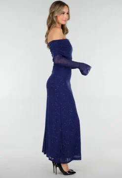 Navy Off Shoulder Maxi Glitter Jurk met Lange Mouwen
