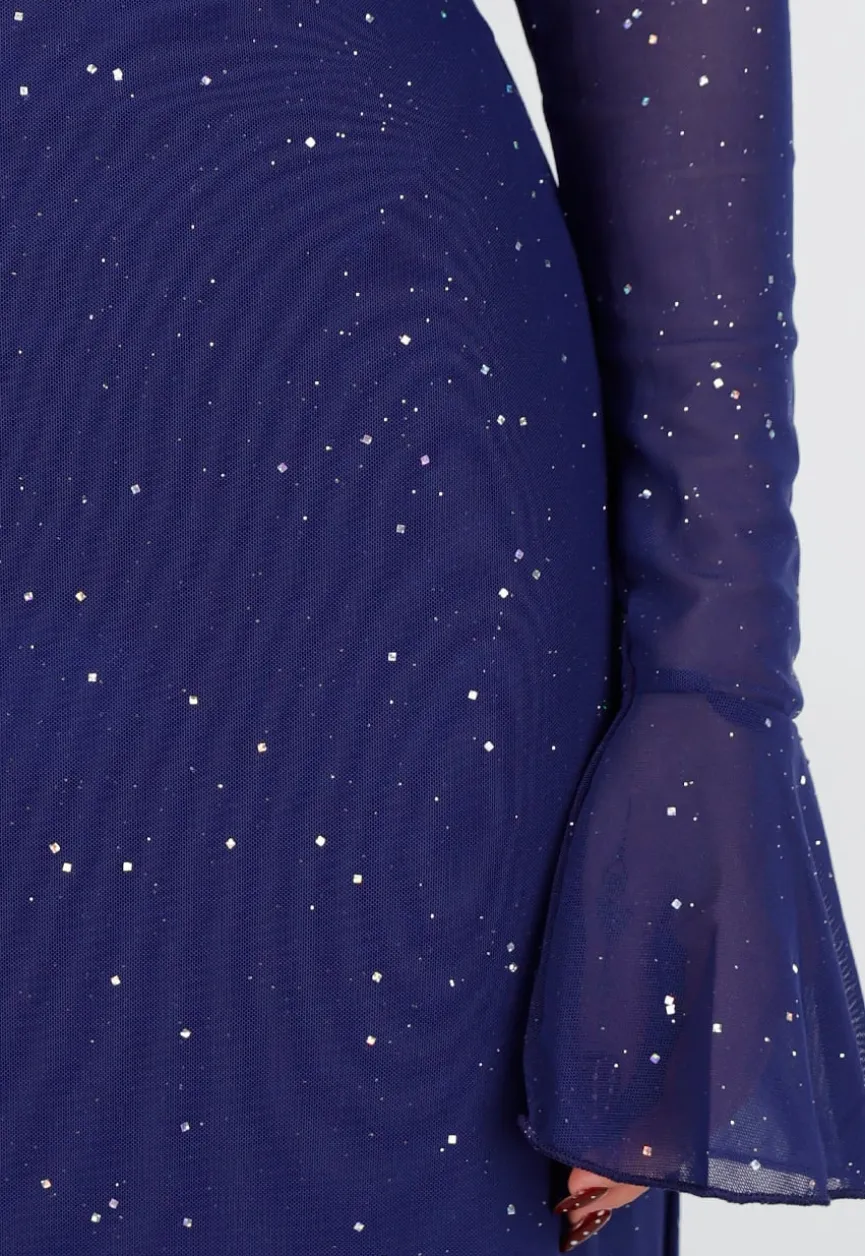 Navy Off Shoulder Maxi Glitter Jurk met Lange Mouwen
