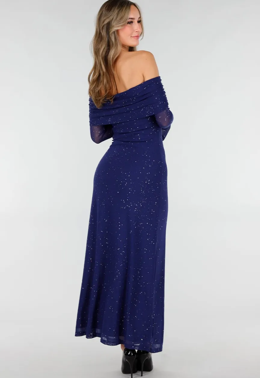 Navy Off Shoulder Maxi Glitter Jurk met Lange Mouwen