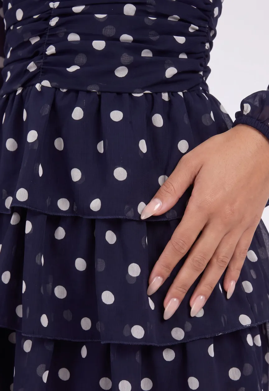 Navy Polkadot Mini Jurk met Lange Mouwen en Hoge Hals