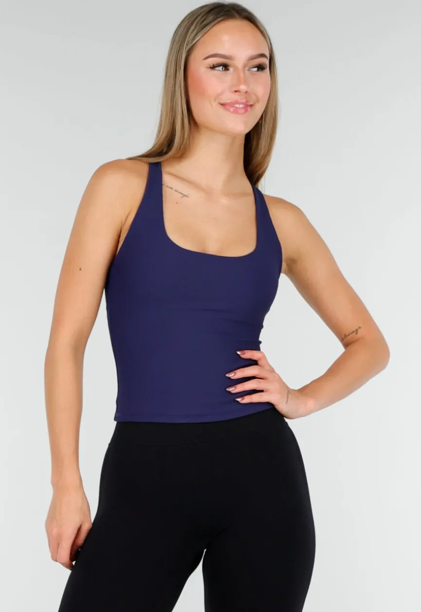 Navy Rib Sporttop met Push-Up Pads en Brede Schouderbanden