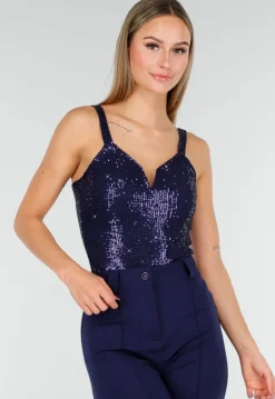 Navy Sequin Bodysuit met Diepe V-Hals en Pailletten