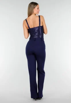 Navy Sequin Bodysuit met Diepe V-Hals en Pailletten