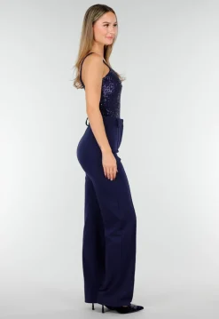 Navy Sequin Bodysuit met Diepe V-Hals en Pailletten