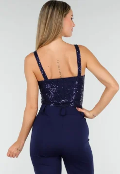 Navy Sequin Bodysuit met Diepe V-Hals en Pailletten