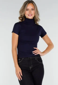 Navy Stretch Top met Col en Korte Mouwen