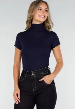 Navy Stretch Top met Col en Korte Mouwen