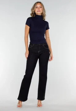 Navy Stretch Top met Col en Korte Mouwen